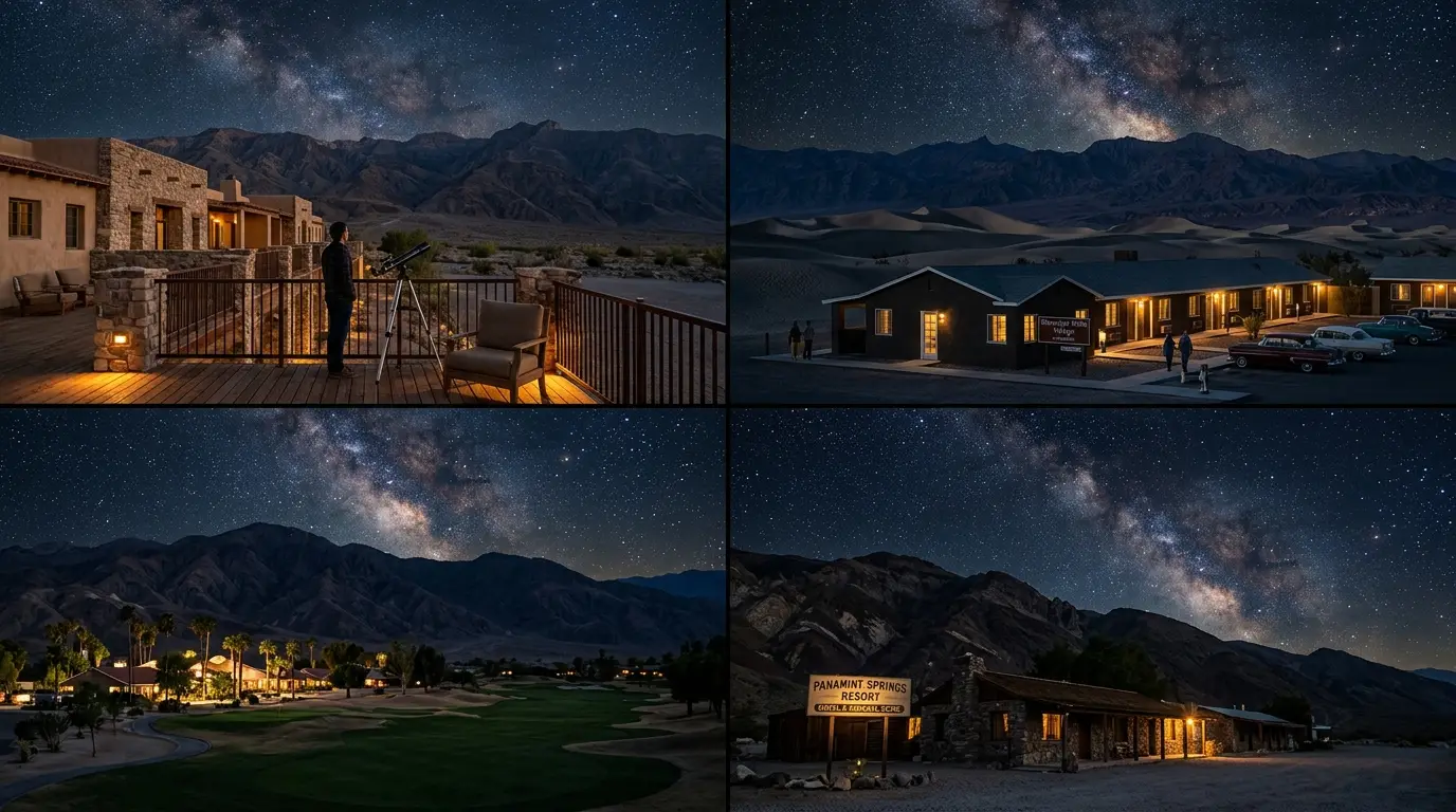 Split view of four Death Valley stargazing lodges: a historic Furnace Creek resort with a private viewing deck, a roadside in-park motel near the sand dunes, a family ranch with a golf course, and a remote west-entrance motel under a star-filled desert sky
