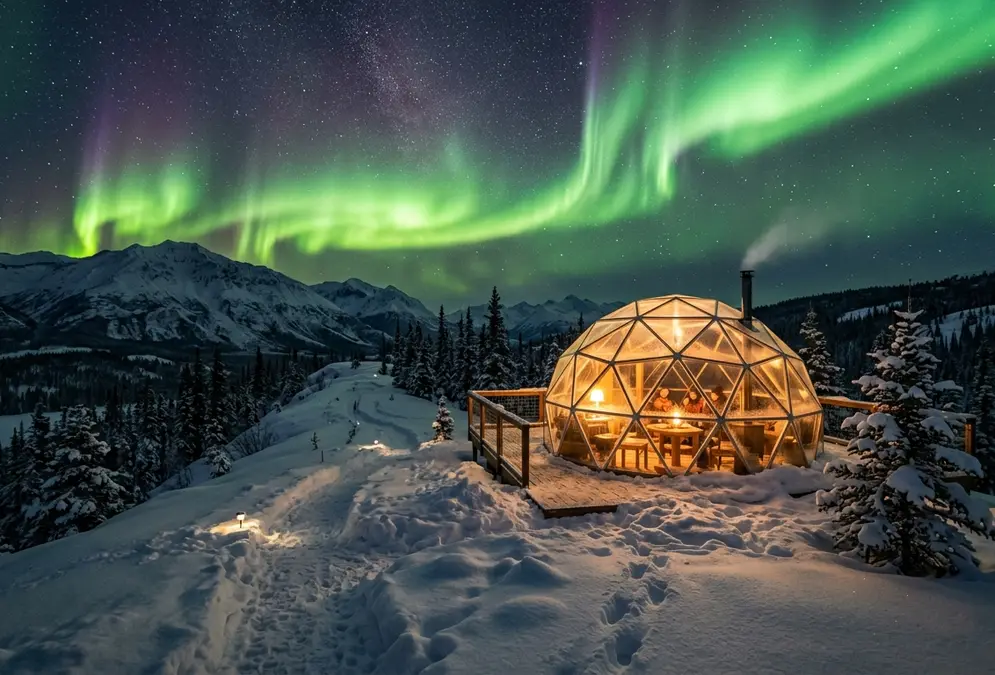 Glass dome cabin glowing under green aurora borealis on a snowy ridge near Fairbanks, Alaska
