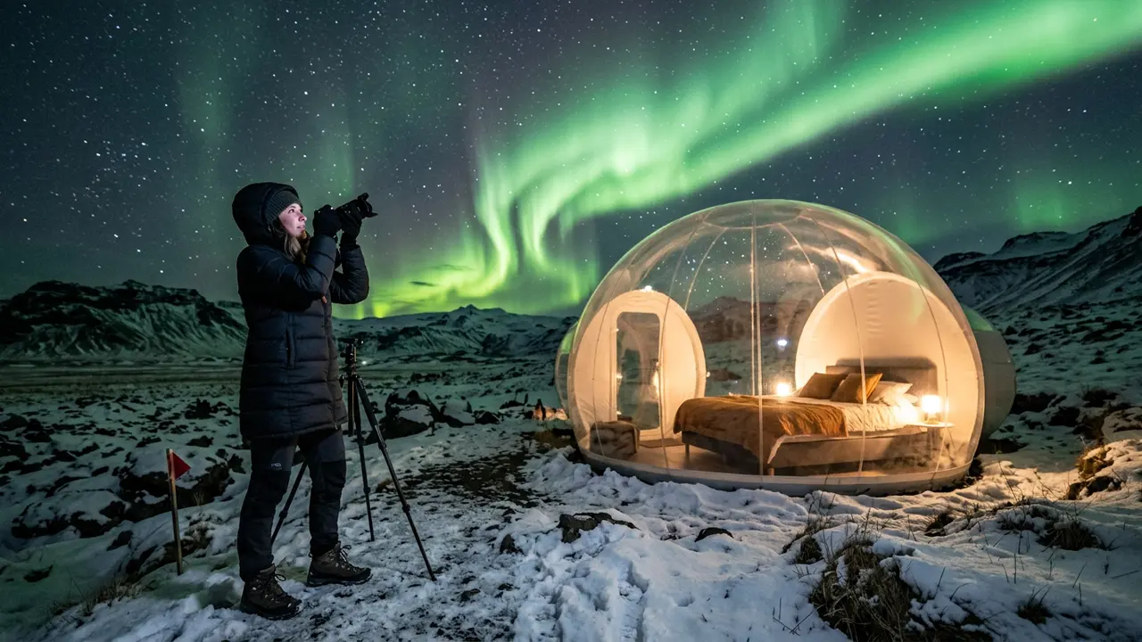 Traveler photographing green aurora borealis swirling above a transparent bubble-pod hotel in the Icelandic countryside, snow on the ground, stars visible through the dome