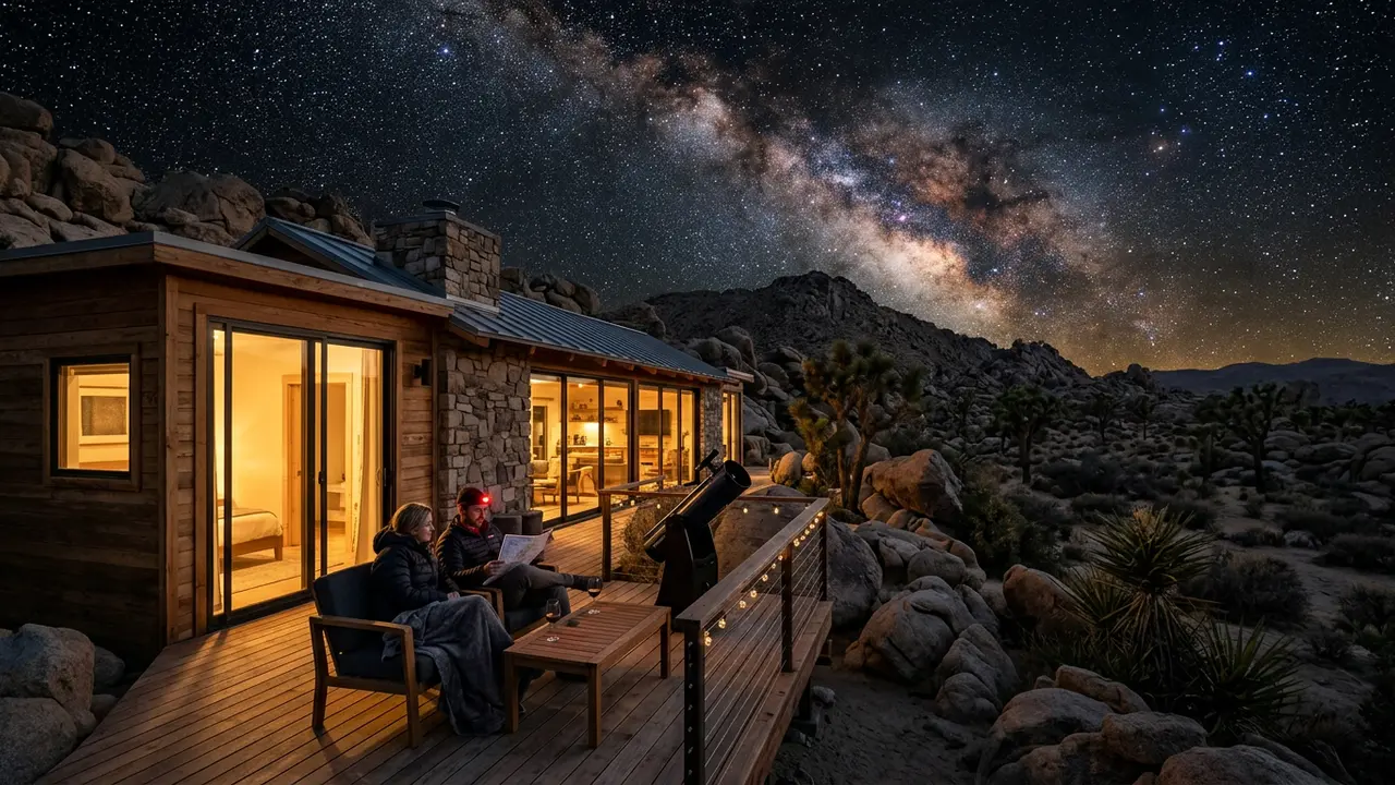 Split view of four Joshua Tree stargazing lodges: a modernist retreat with a private telescope deck, a boutique room with an outdoor soaking tub, a vintage Airstream trailer, and a historic Spanish Colonial hacienda courtyard under a starry Mojave sky