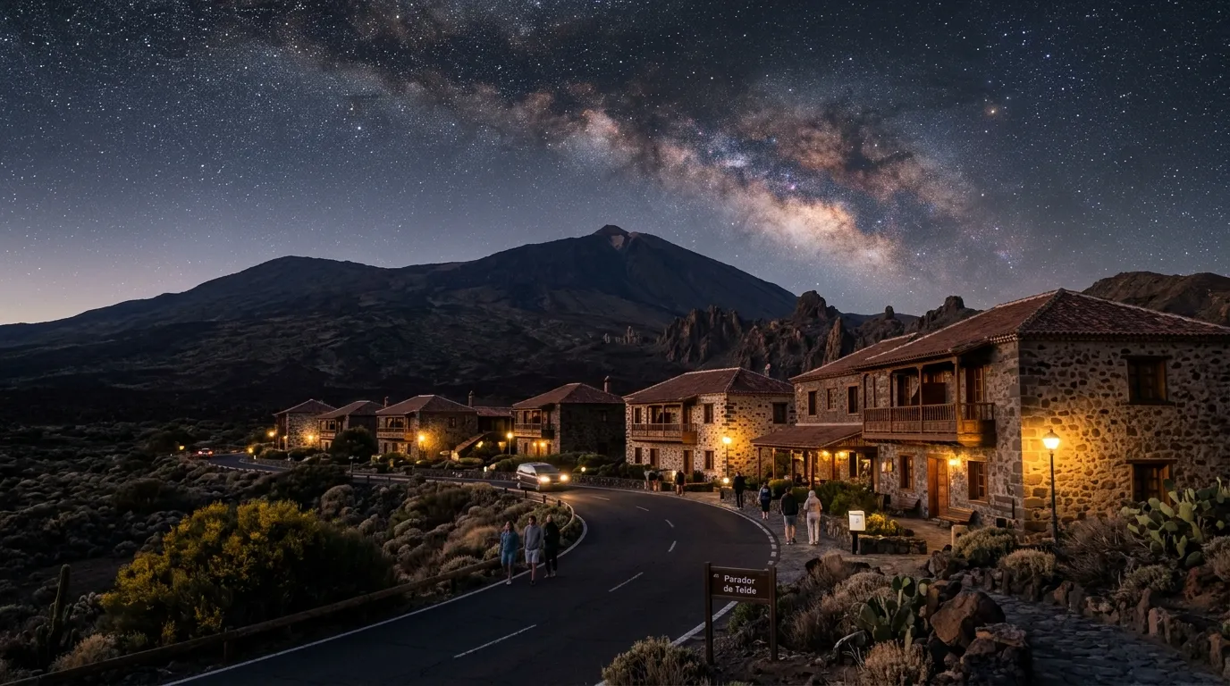 Night sky panorama over the Las Cañadas caldera in Teide National Park, Tenerife: Milky Way galactic core rising above Roques de García rock formations silhouetted against a Bortle 2 sky, stars reflecting on still water