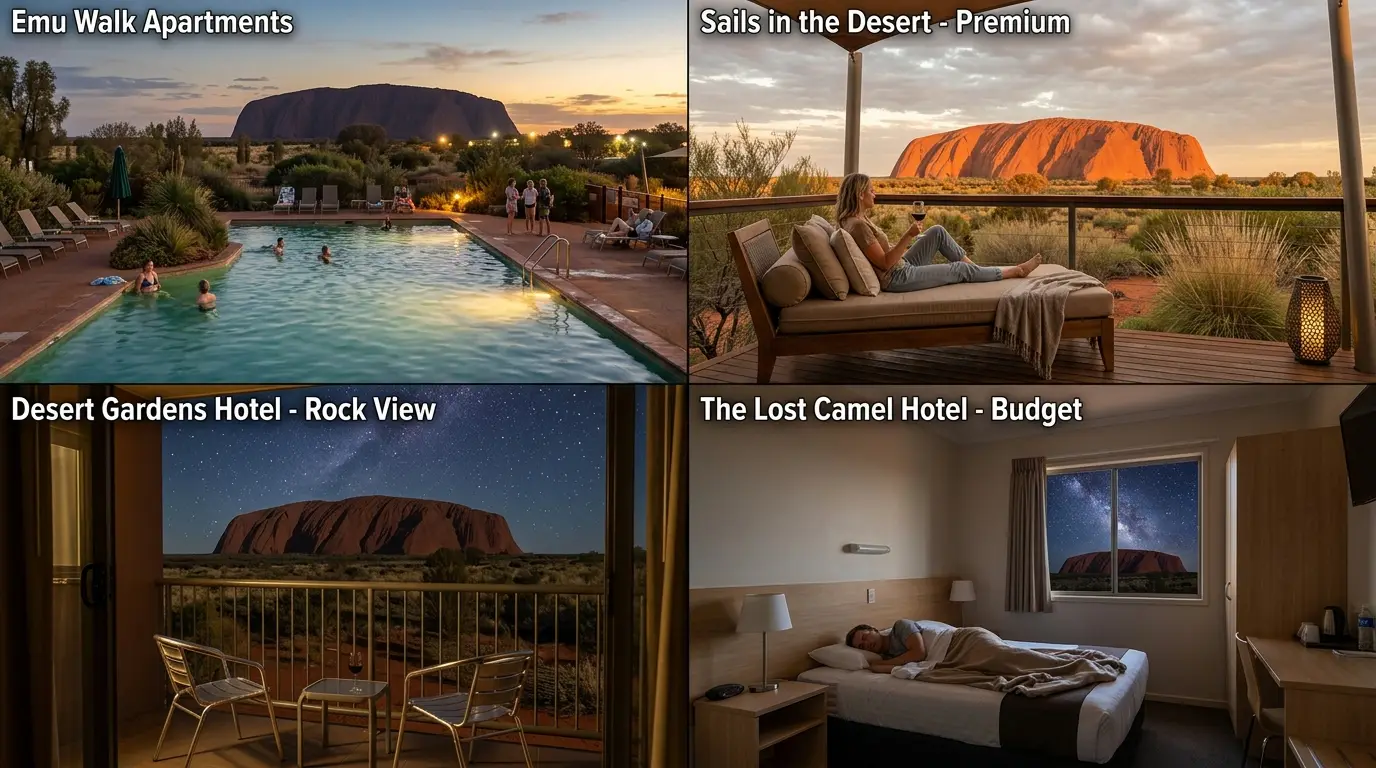 Split view of four Ayers Rock Resort stargazing lodges near Uluru: a resort pool at dusk, a private terrace daybed facing the rock, a Rock View room balcony, and a budget hotel room under a starry Red Centre sky