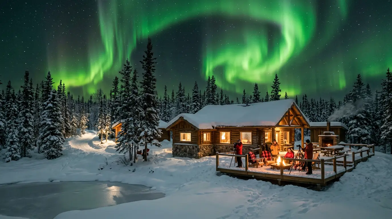 Green aurora borealis swirling over a snow-covered fly-in wilderness lodge on a frozen lake near Yellowknife, Northwest Territories, with boreal forest silhouettes on the shoreline