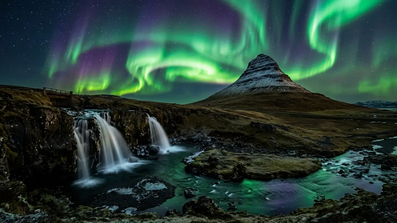 Green and violet aurora borealis swirling above Kirkjufell mountain's conical peak, one of the best northern lights spots in Iceland, with Kirkjufellsfoss waterfall reflecting the lights in the foreground at night