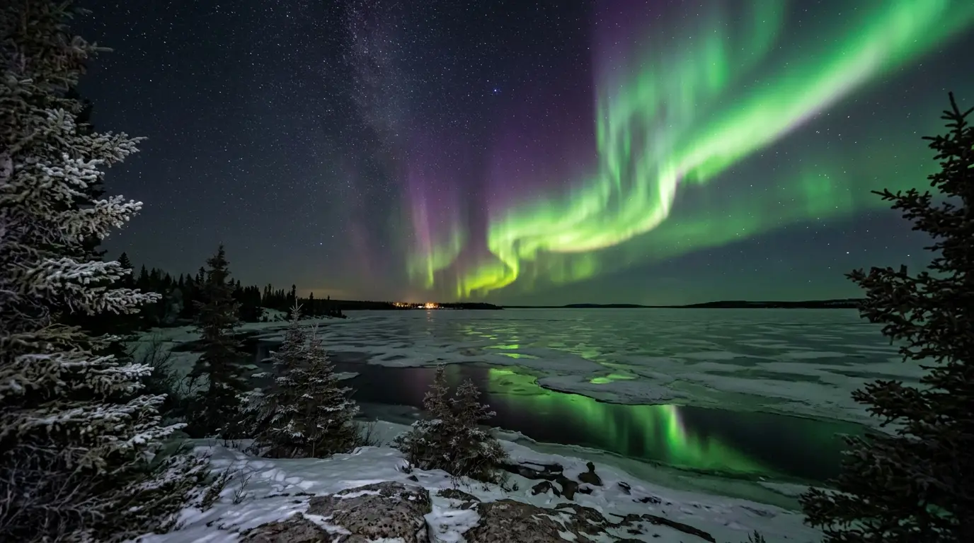 Bright green and purple aurora borealis curtain over a frozen lake near Yellowknife, illustrating the best places to see the northern lights