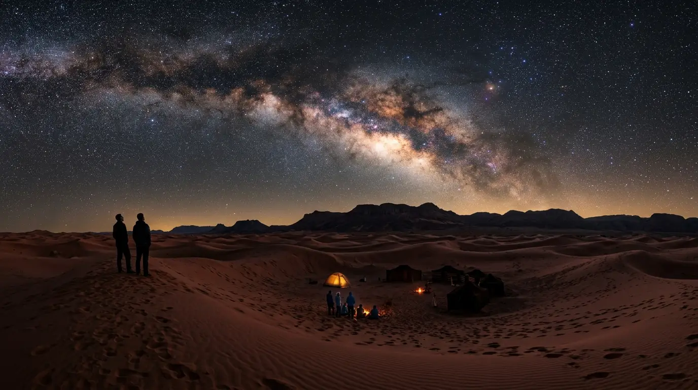 Wide-angle night photograph of the Milky Way's galactic core rising over red desert dunes, illustrating the best places to see the Milky Way for stargazing travelers