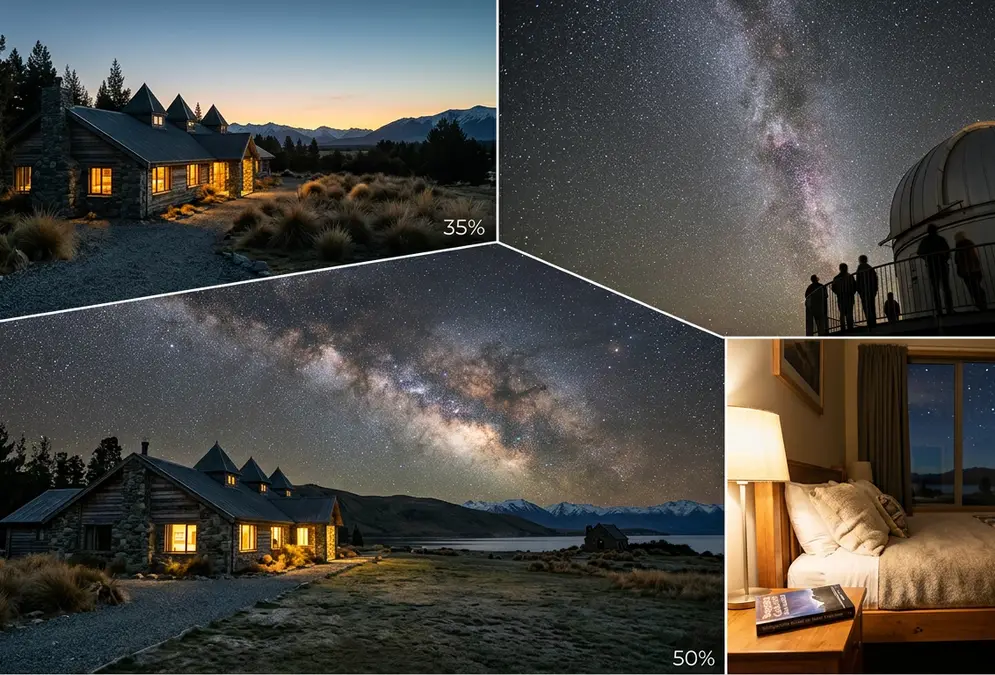 Milky Way rising over Lake Tekapo with the Church of the Good Shepherd silhouetted on the shoreline, Aoraki Mackenzie Gold Tier dark sky reserve, New Zealand
