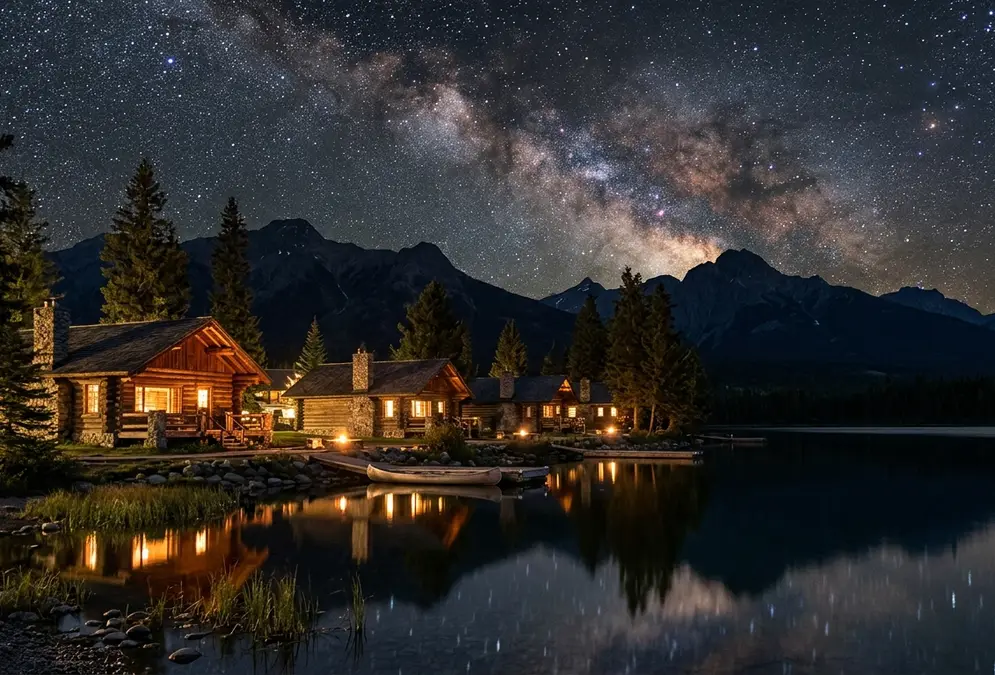 Fairmont Jasper Park Lodge log cabins on Lac Beauvert at night, Milky Way visible above the Canadian Rockies silhouette in the Jasper Dark Sky Preserve