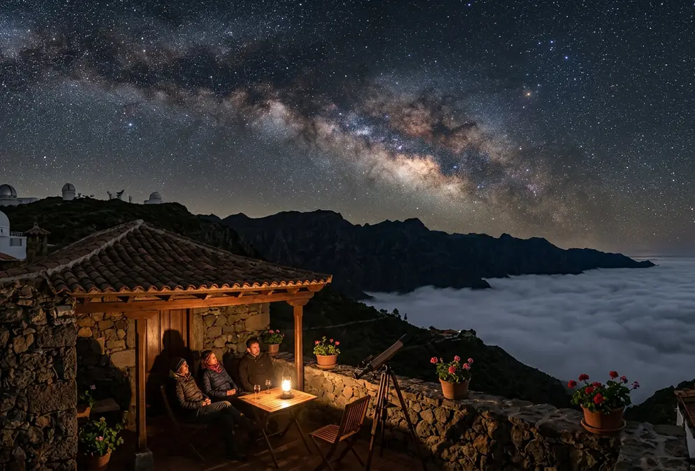 Night sky over Garafía, La Palma, the Milky Way rising above a rural-house terrace inside the cloud-inversion band near the Roque de los Muchachos Observatory