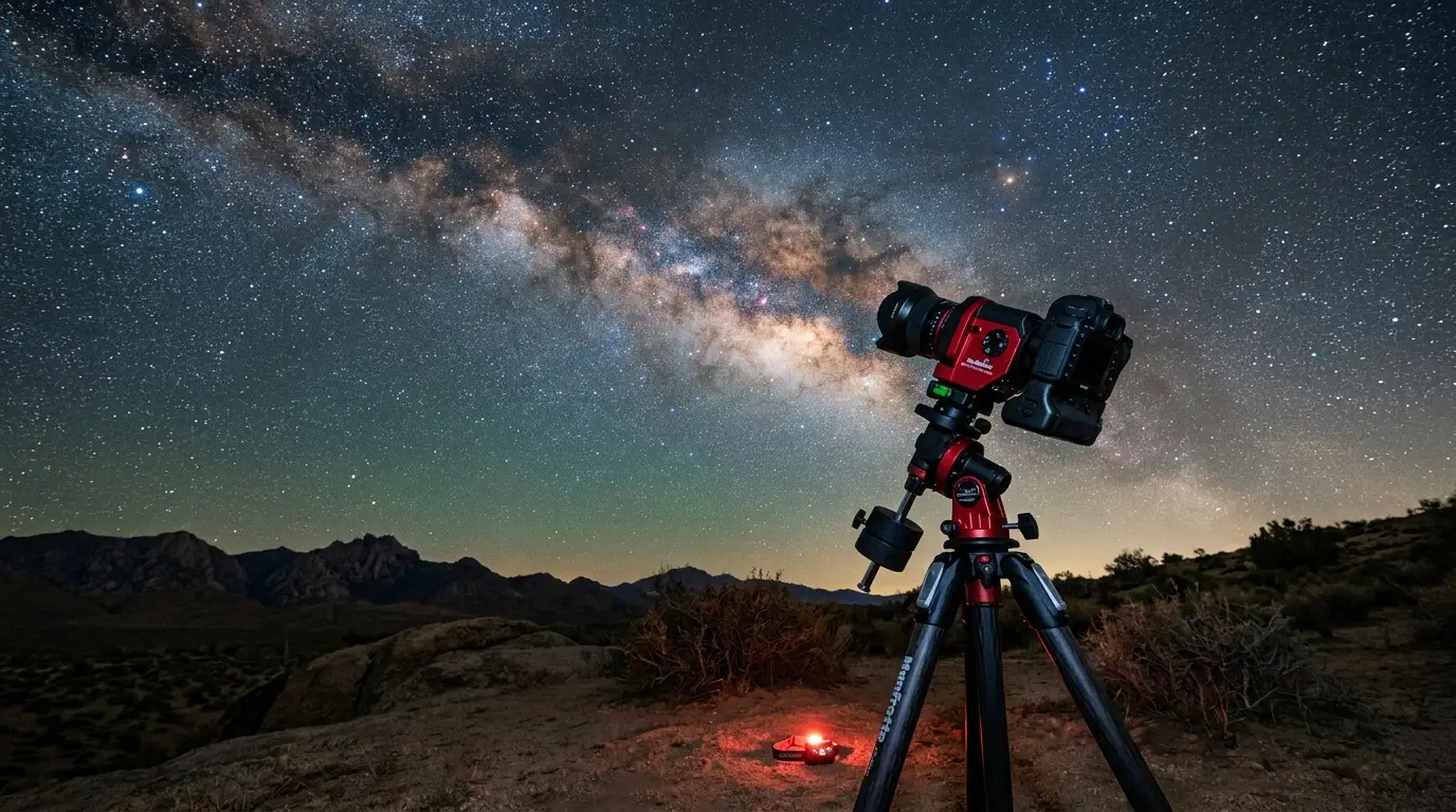Sky-Watcher Star Adventurer 2i star tracker mounted on a tripod under the Milky Way, one of the best star trackers for astrophotography compared in this guide