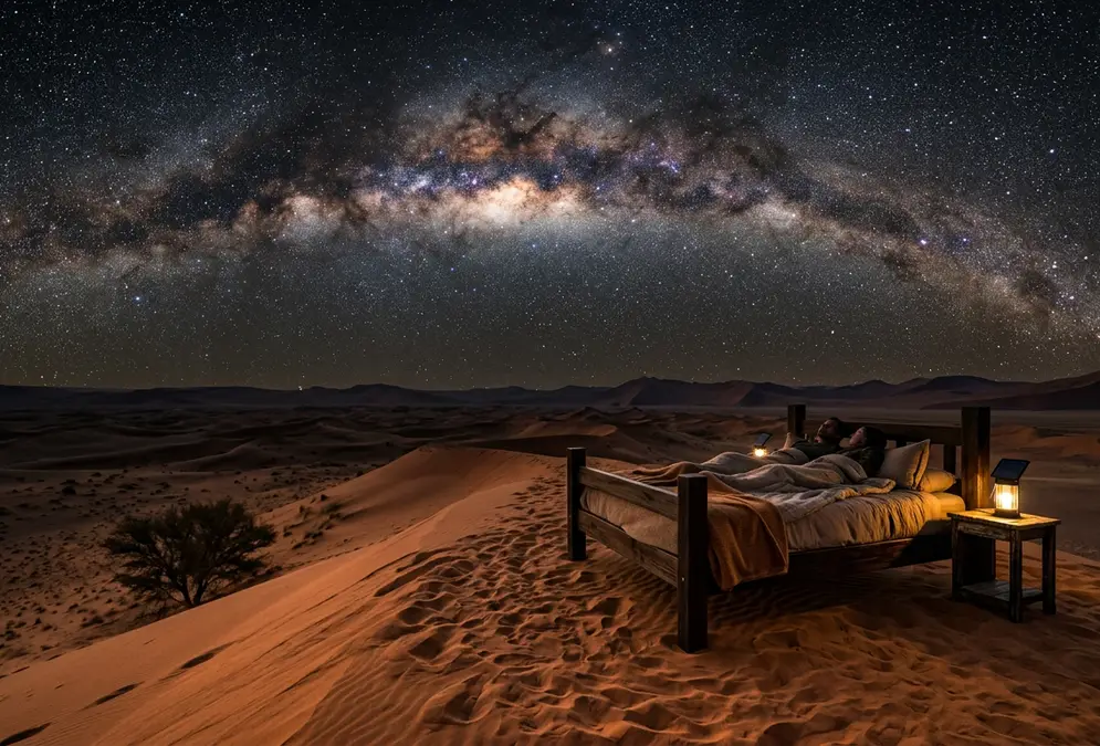 Milky Way over a dune-top star bed at a NamibRand stargazing lodge inside Africa's only Gold Tier International Dark Sky Reserve, Namibia