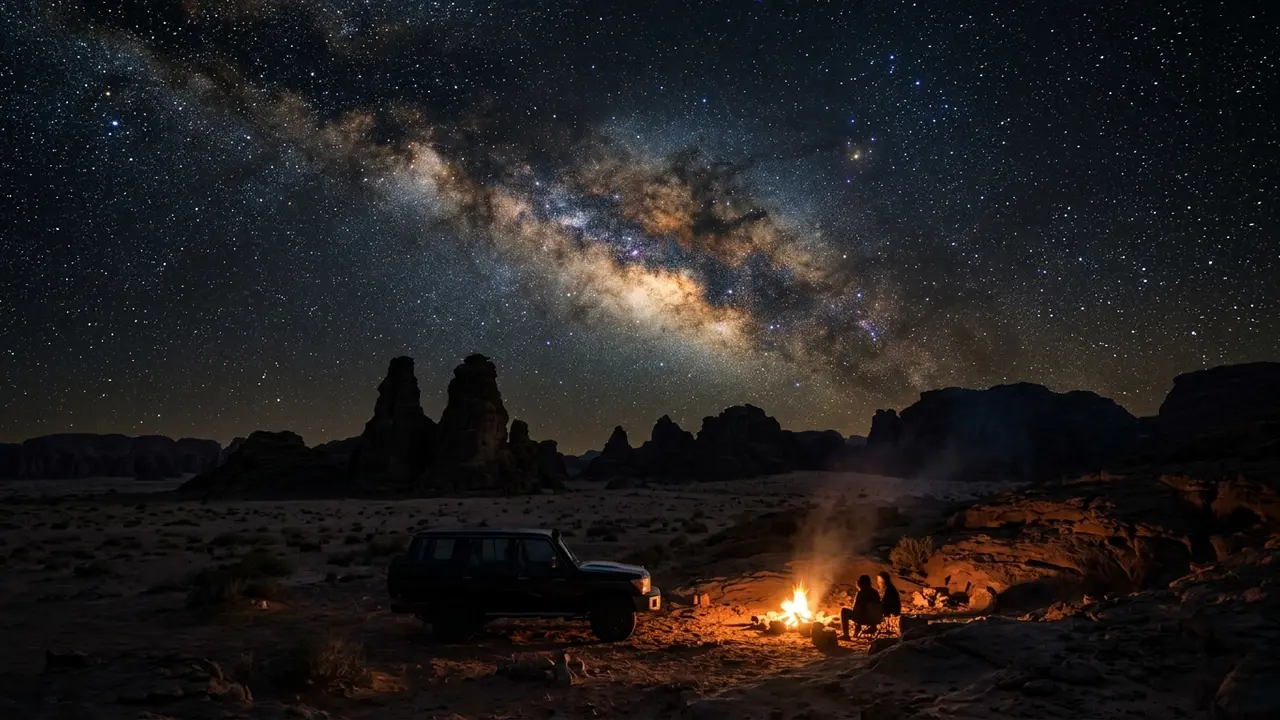 Milky Way core rising over the dark desert terrain of AlGharameel Nature Reserve near AlUla, Saudi Arabia, one of the best stargazing spots in AlUla with a 4x4 silhouette and campfire glow in the foreground