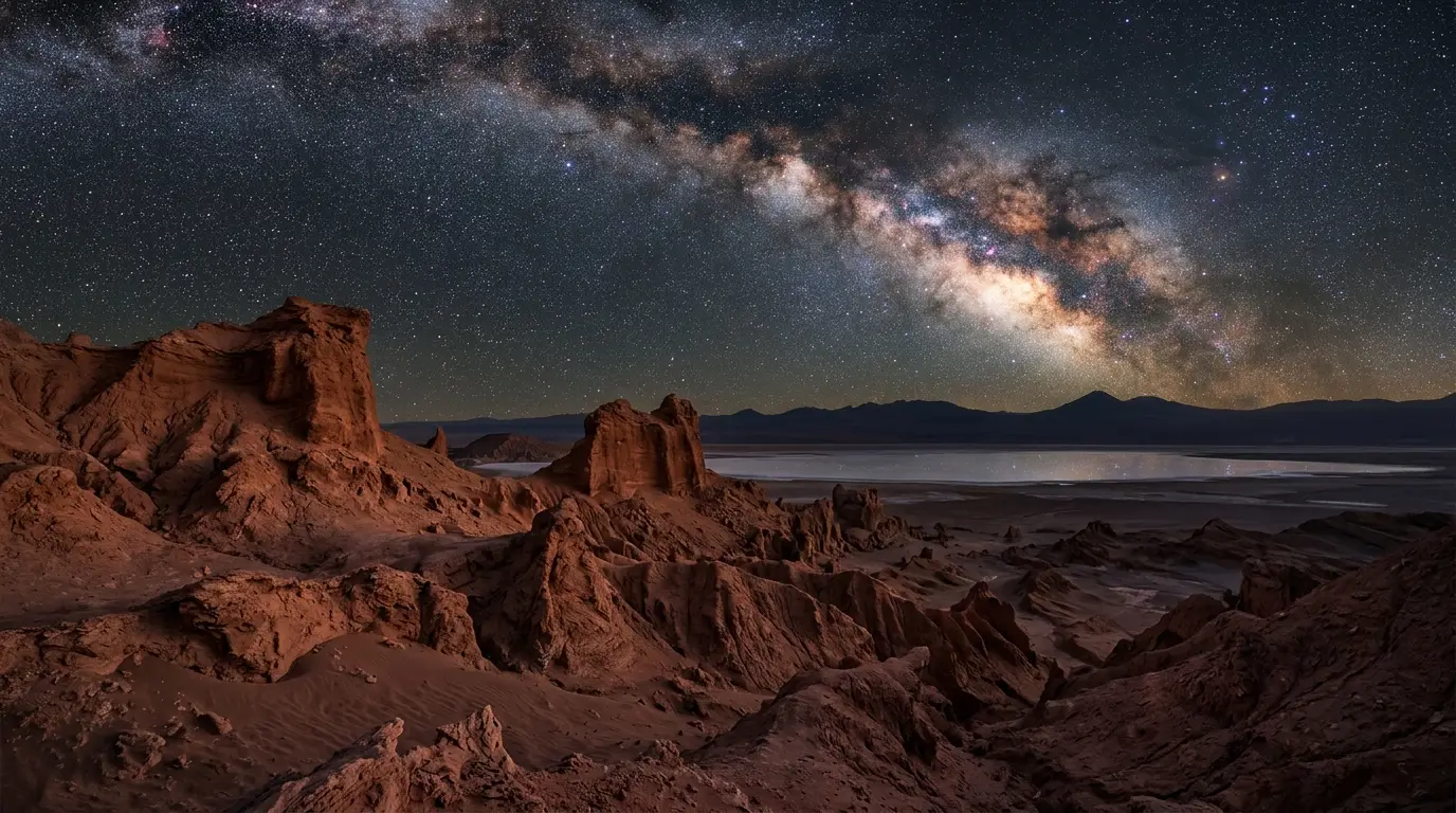 Best stargazing spots in the Atacama Desert: Milky Way galactic core rising over the wind-carved red rock of Valle de la Luna near San Pedro de Atacama, star field reflected faintly on distant salt flats