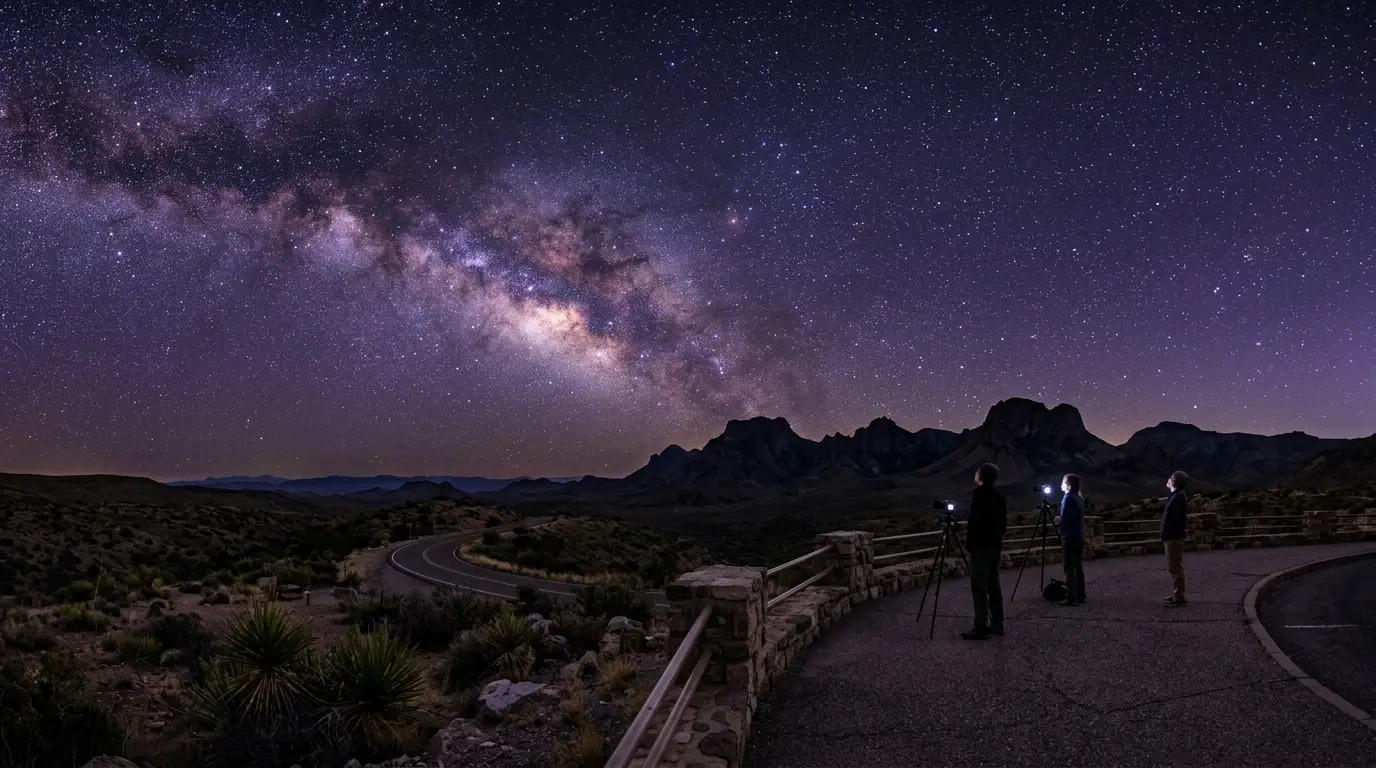 Best stargazing spots in Big Bend National Park: a paved desert overlook under a deep violet night sky filling with stars, silhouetted mountains on the horizon