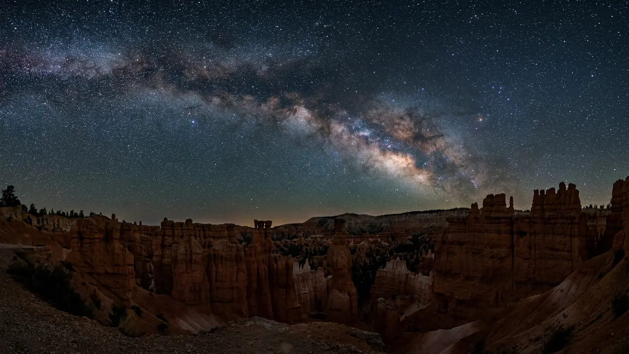 Star-filled night sky above the hoodoo silhouettes at Bryce Point, one of the best stargazing spots in Bryce Canyon National Park