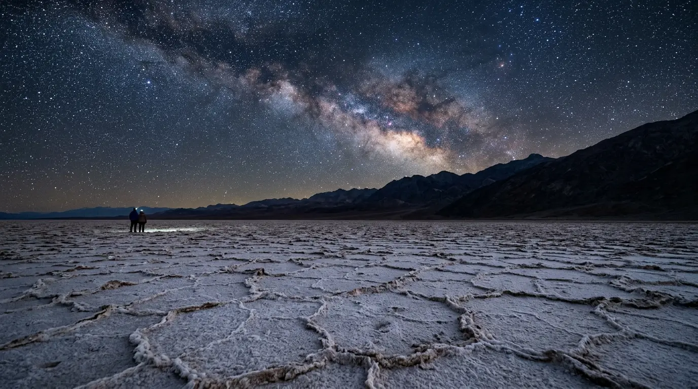 Best stargazing spots in Death Valley National Park: star-filled night sky over the pale, cracked salt flats of Badwater Basin, distant mountain silhouette along the horizon, deep indigo desert sky studded with stars