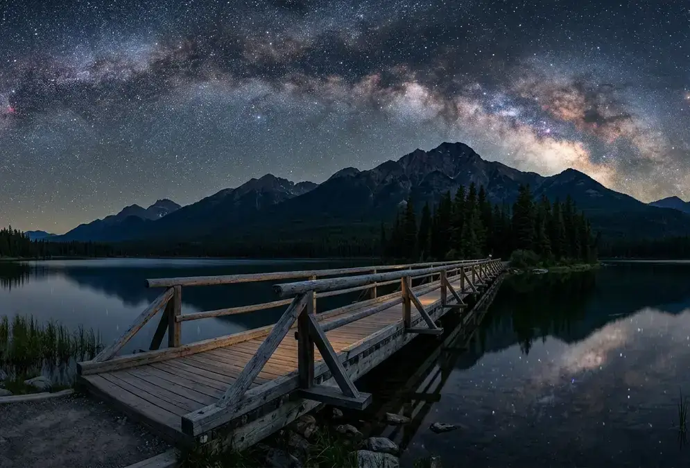 Wide-angle photo of the wooden footbridge to Pyramid Island in Jasper National Park at night, the Milky Way arching over calm lake water and dark forested mountains, one of the best stargazing spots in Jasper National Park