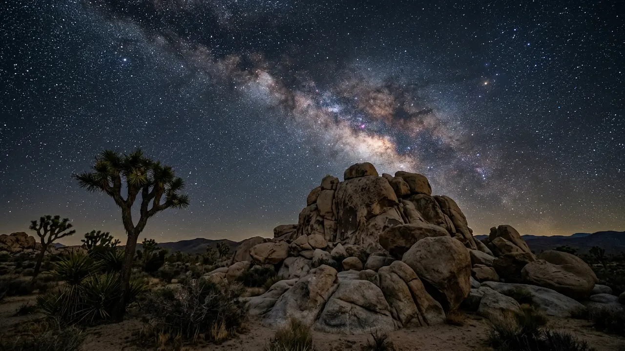 Star-filled night sky over Joshua Tree's boulder formations at Cap Rock, one of the best stargazing spots in Joshua Tree National Park