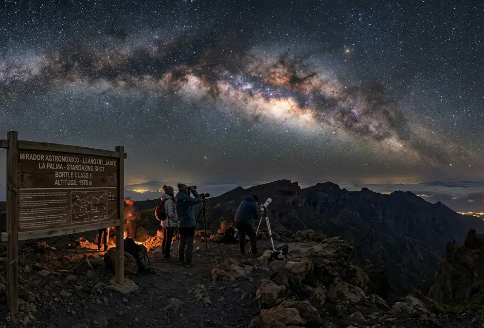 Night view of a signposted astronomical viewpoint on La Palma with the Milky Way arcing over volcanic terrain, illustrating the best stargazing spots in La Palma, a dark Bortle-class sky above a highland plateau