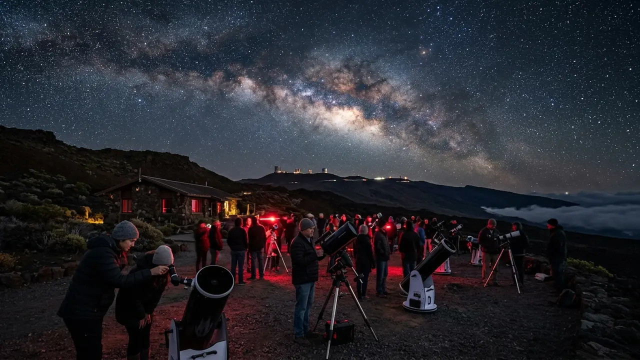Best stargazing spots at Mauna Kea: the Onizuka Visitor Information Station's telescopes under a star-filled sky at 9,200 feet, Big Island of Hawaii
