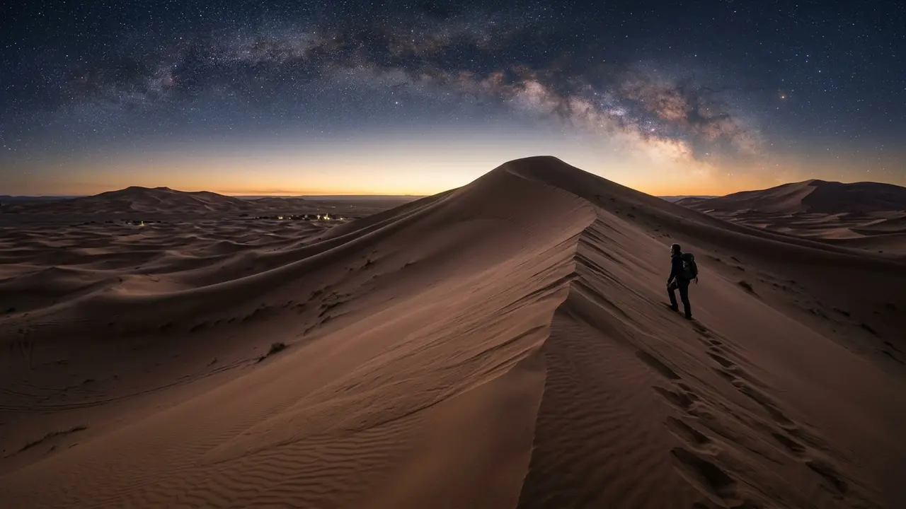 Wide-angle photo of the tall dune above Merzouga at dusk, the Milky Way beginning to emerge over Erg Chebbi's sand as a lone figure climbs, illustrating the best stargazing spots in Merzouga, Morocco