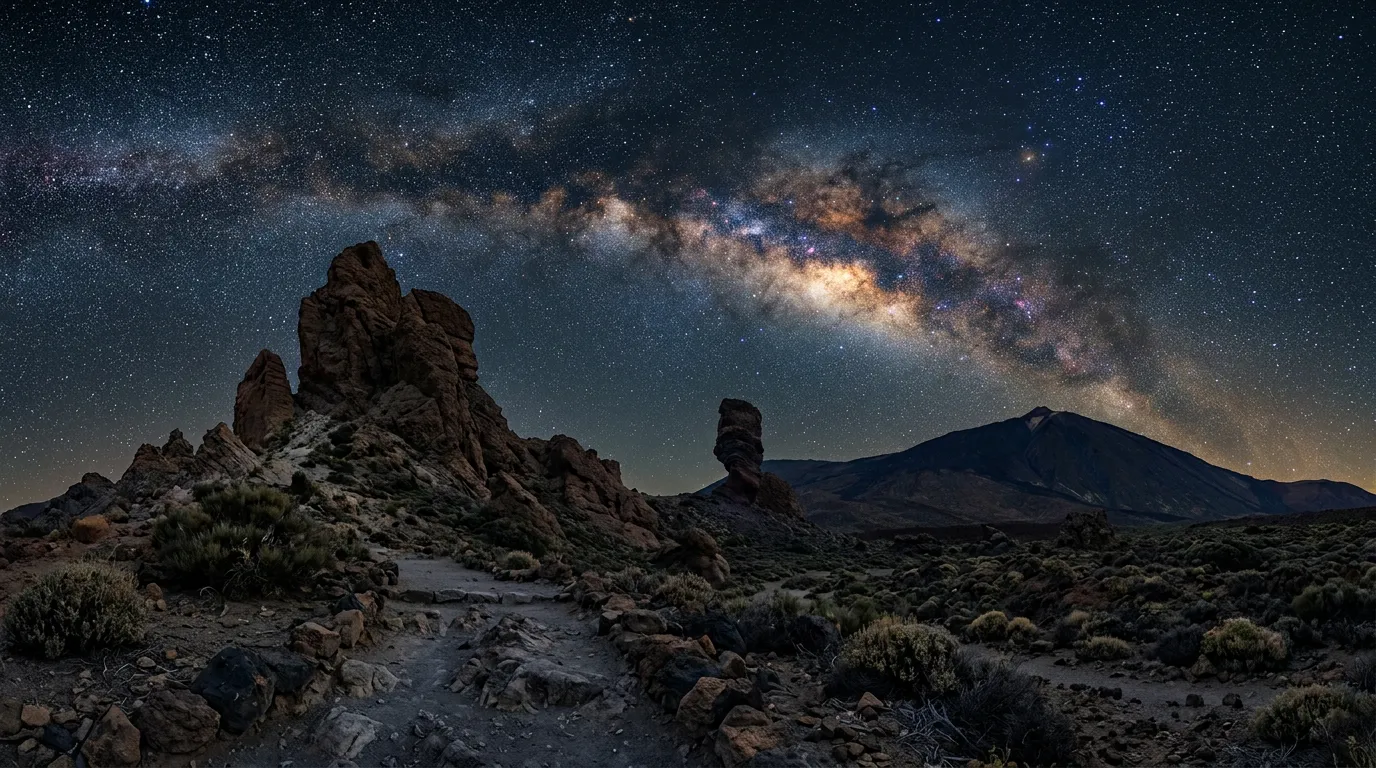 Milky Way galactic core arcing over Roque Cinchado rock formation in Teide National Park at night, best stargazing spots in Tenerife, Bortle 2 dark sky at 2,100 metres with the caldera rim silhouetted against the stars
