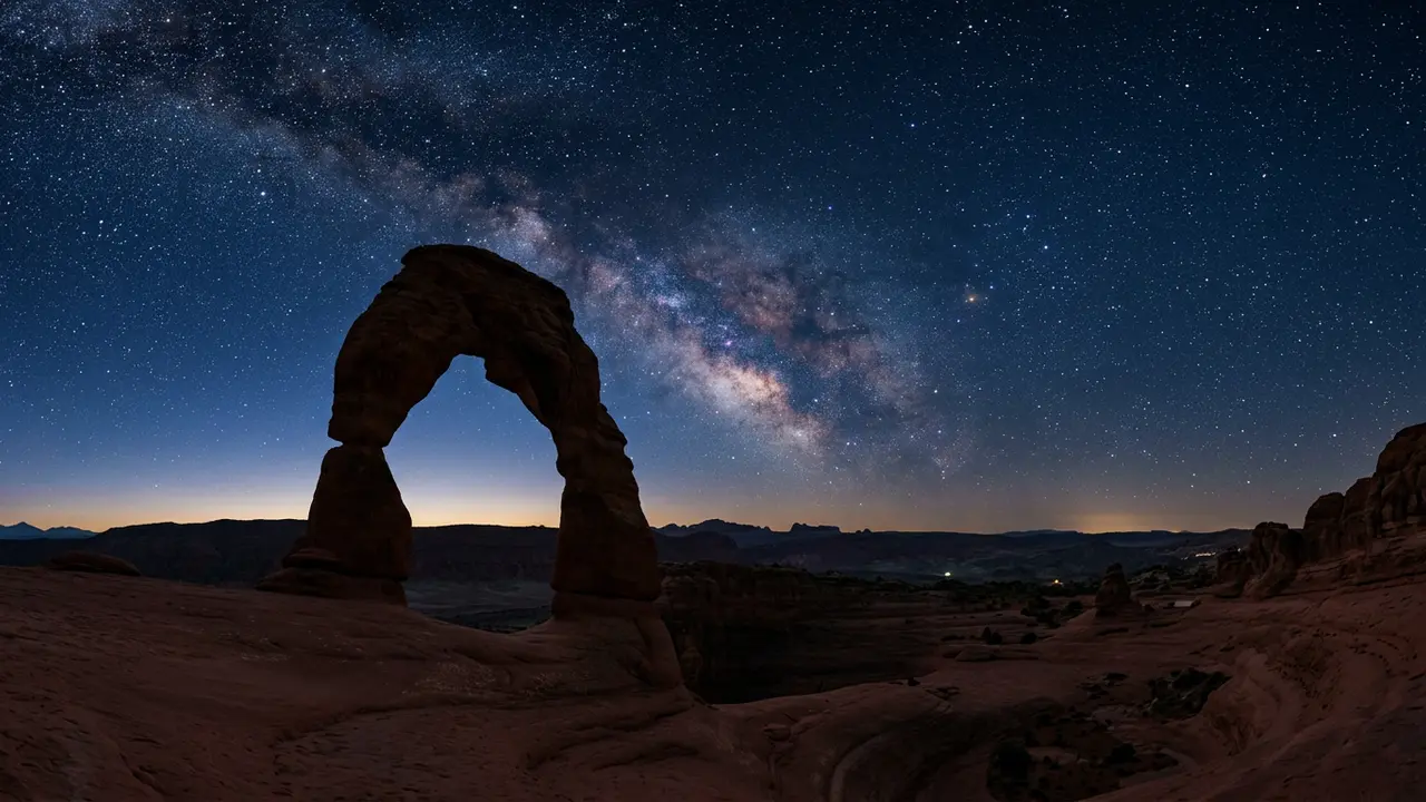 Best stargazing spots in Wadi Rum: a red sandstone rock arch silhouetted against a star-filled desert sky at dusk, over Jordan's UNESCO-listed valley
