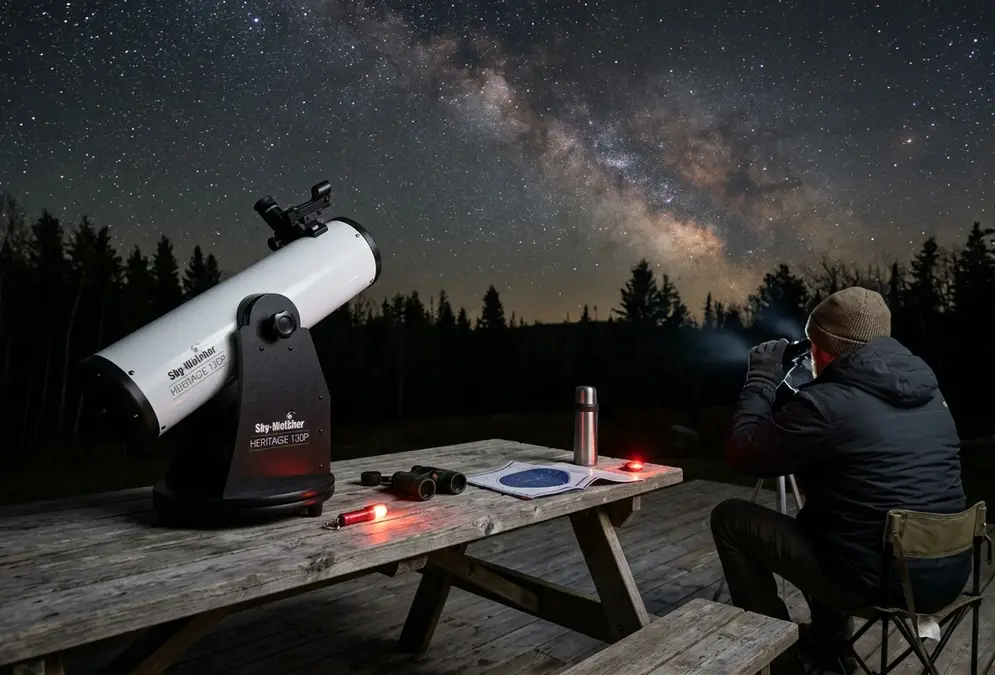 A beginner telescope set up under the night sky