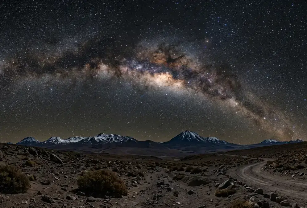 Milky Way galactic core arching overhead in the Atacama Desert during Southern Hemisphere winter, best time to visit atacama for stargazing, volcanic silhouettes in the foreground