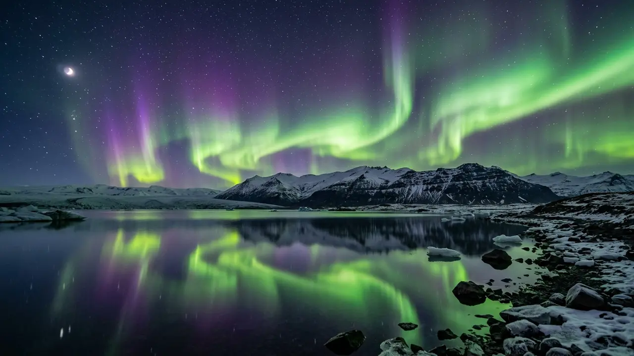 Green and violet aurora curtains rippling over a still Icelandic lake and snow-dusted mountains at night, illustrating the best time to see the northern lights in Iceland during the September and March equinox peaks