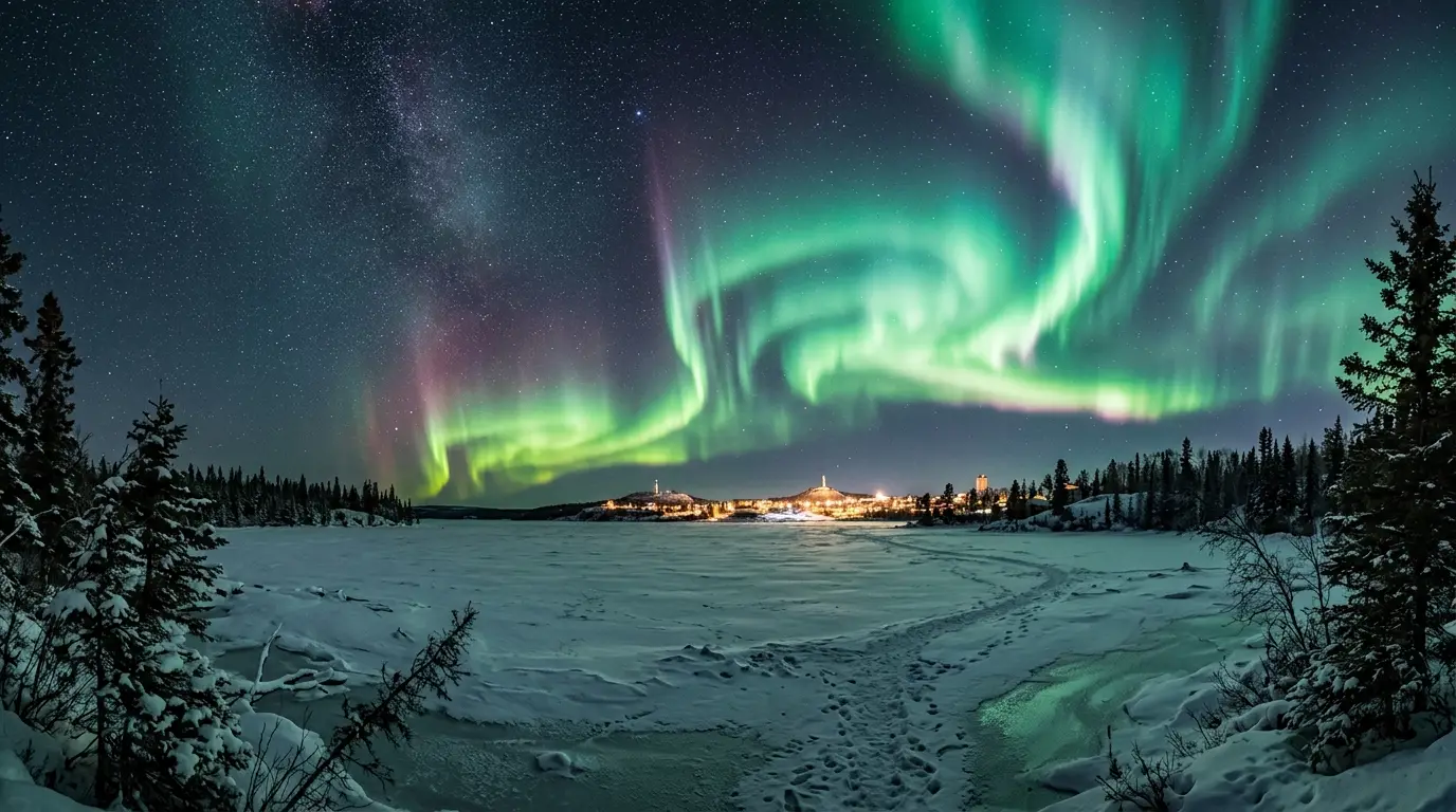 Aurora borealis over Yellowknife subarctic taiga at March equinox showing best time northern lights yellowknife peak season, green and purple bands swirling above snow-covered pine forest at night