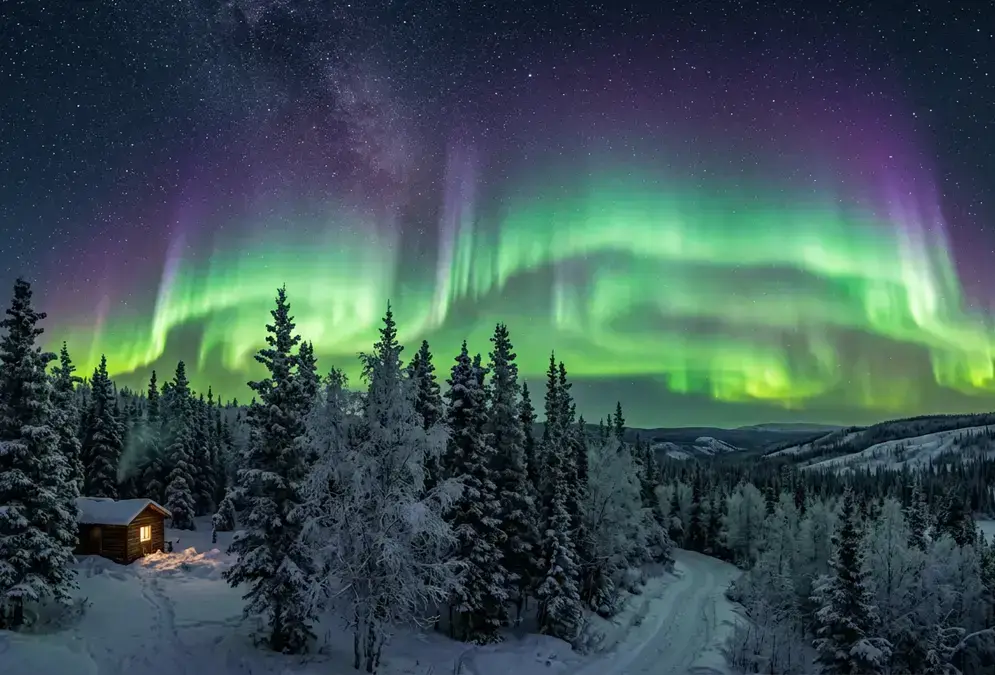 Green and violet aurora curtains rippling over snow-covered black spruce trees near Fairbanks, Alaska, illustrating the best time to see northern lights in Fairbanks during the February-March peak season