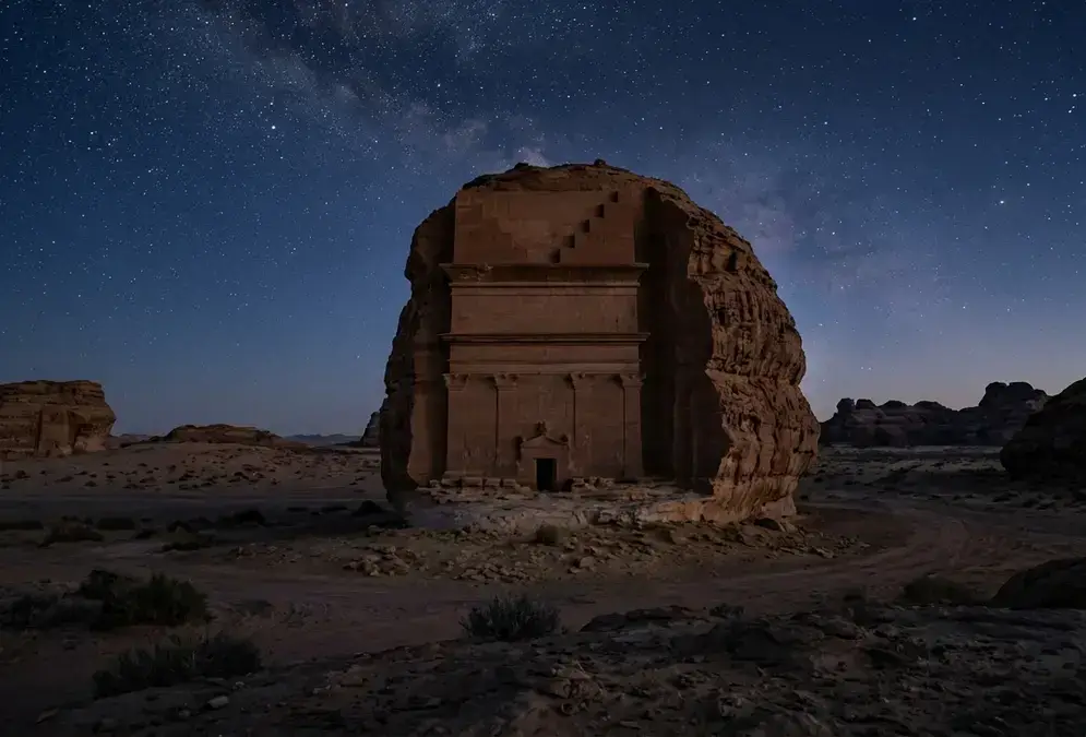 Nabataean tomb facade at Hegra glowing under a star-filled desert sky at dusk, the cool-season light marking the best time for stargazing in AlUla