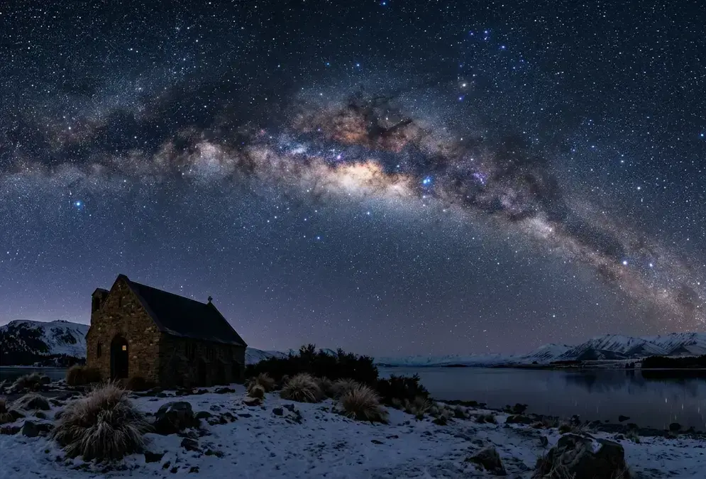 Milky Way galactic core arching directly overhead above Lake Tekapo during New Zealand's stargazing winter, Aoraki Mackenzie Gold Tier dark sky reserve, best time to stargaze at Aoraki Mackenzie