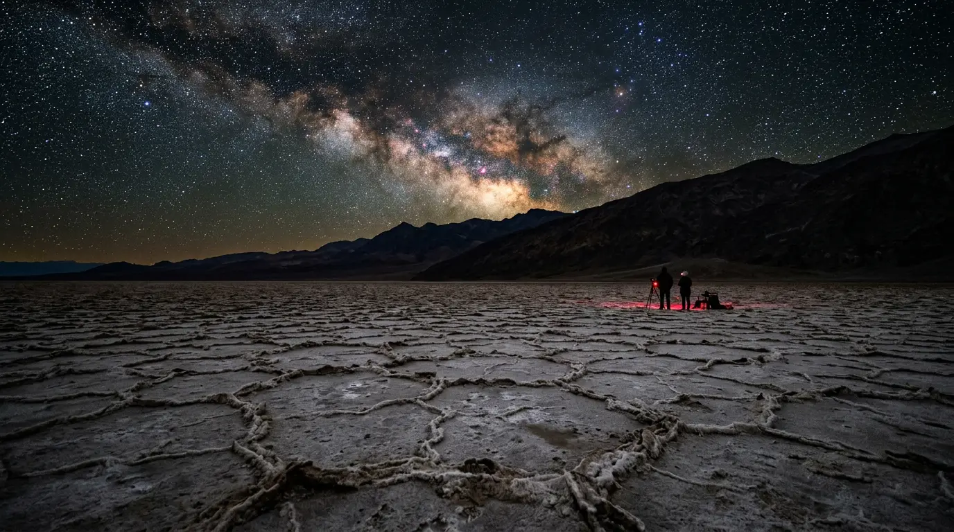 Milky Way core rising above the salt flats of Badwater Basin, Death Valley, illustrating the best time to stargaze in Death Valley National Park's Gold Tier dark sky