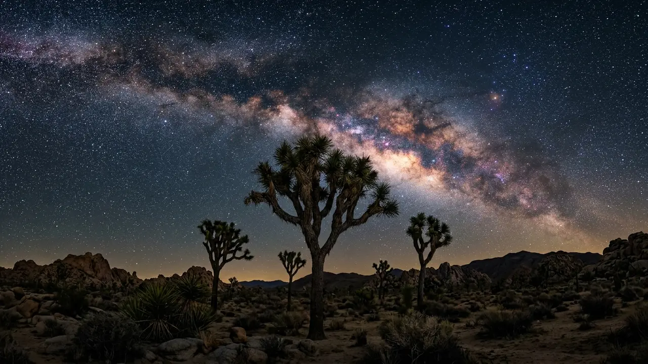 The Milky Way core rising over Joshua Tree's namesake trees at night, showing the best time to stargaze in Joshua Tree National Park