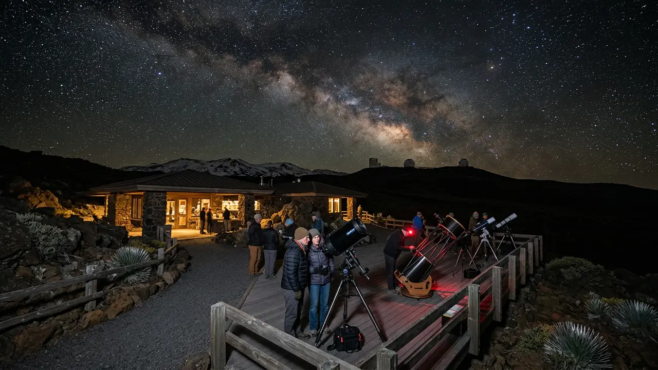 Best time for stargazing at Mauna Kea: the Visitor Information Station's telescopes under a clear night sky at 9,200 feet elevation
