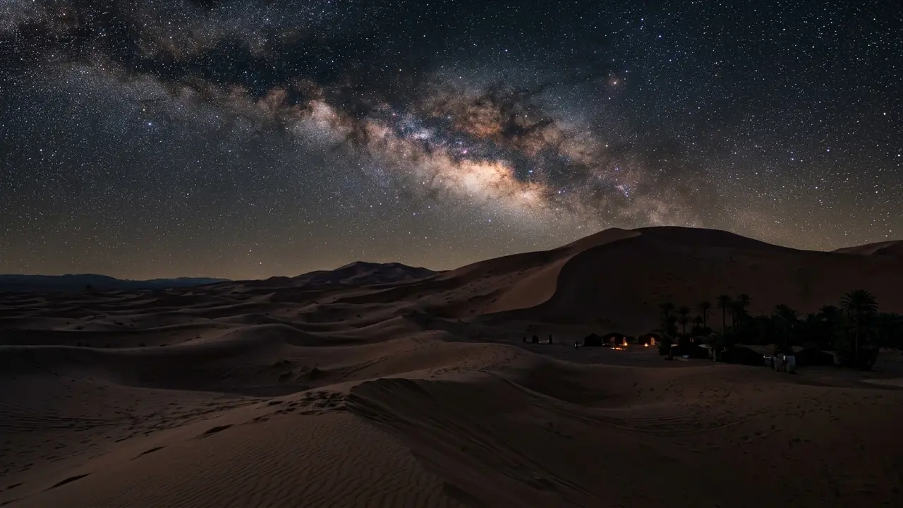 Milky Way core rising above Erg Chebbi's tall Sahara dunes near Merzouga at night, showing the best time to stargaze in Merzouga