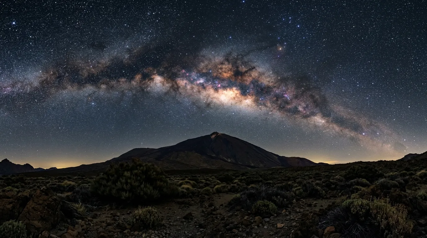 Milky Way galactic core arching over the Teide volcano on a clear summer night, best time for stargazing in Tenerife, the caldera rim silhouetted against a dark sky with no moon