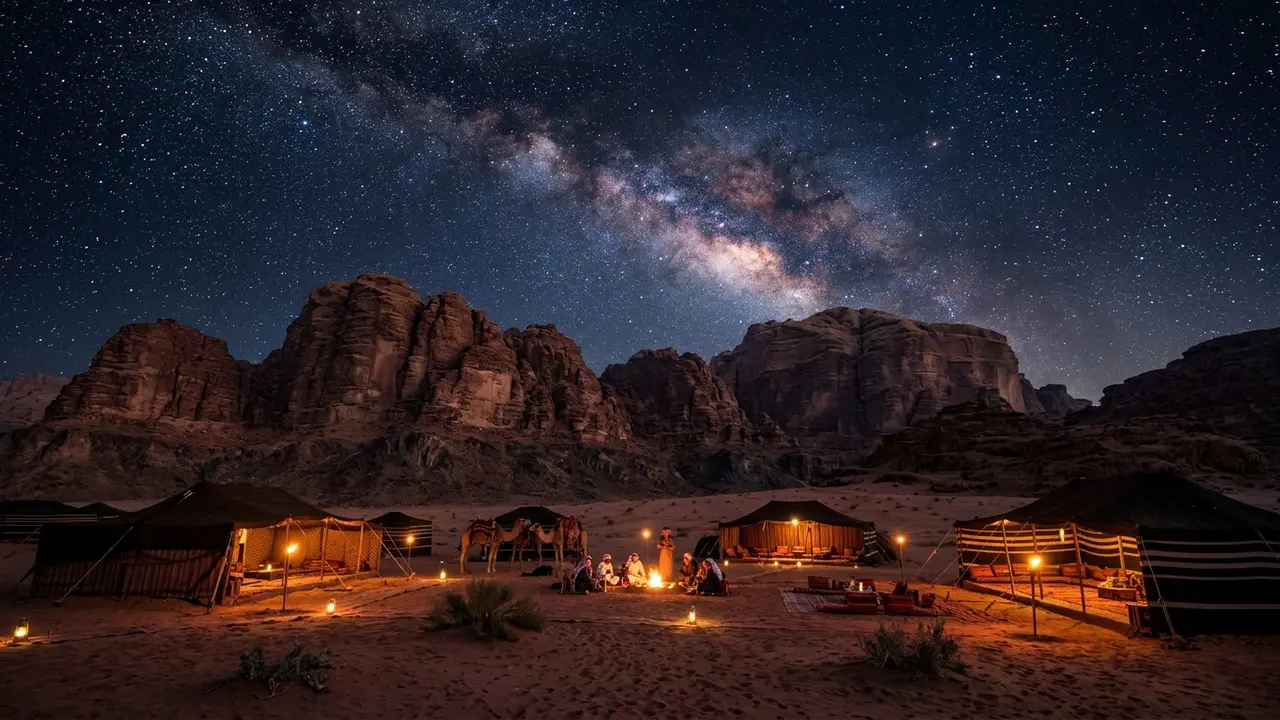 Star-filled night sky over red sandstone mountains and a Bedouin desert camp in Wadi Rum, Jordan, illustrating the best time for stargazing in Wadi Rum