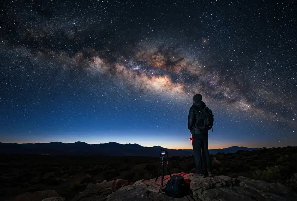 A person stargazing alone under a moonless night sky, the Milky Way's galactic core arching over a dark horizon streaked with the last blue light of astronomical twilight