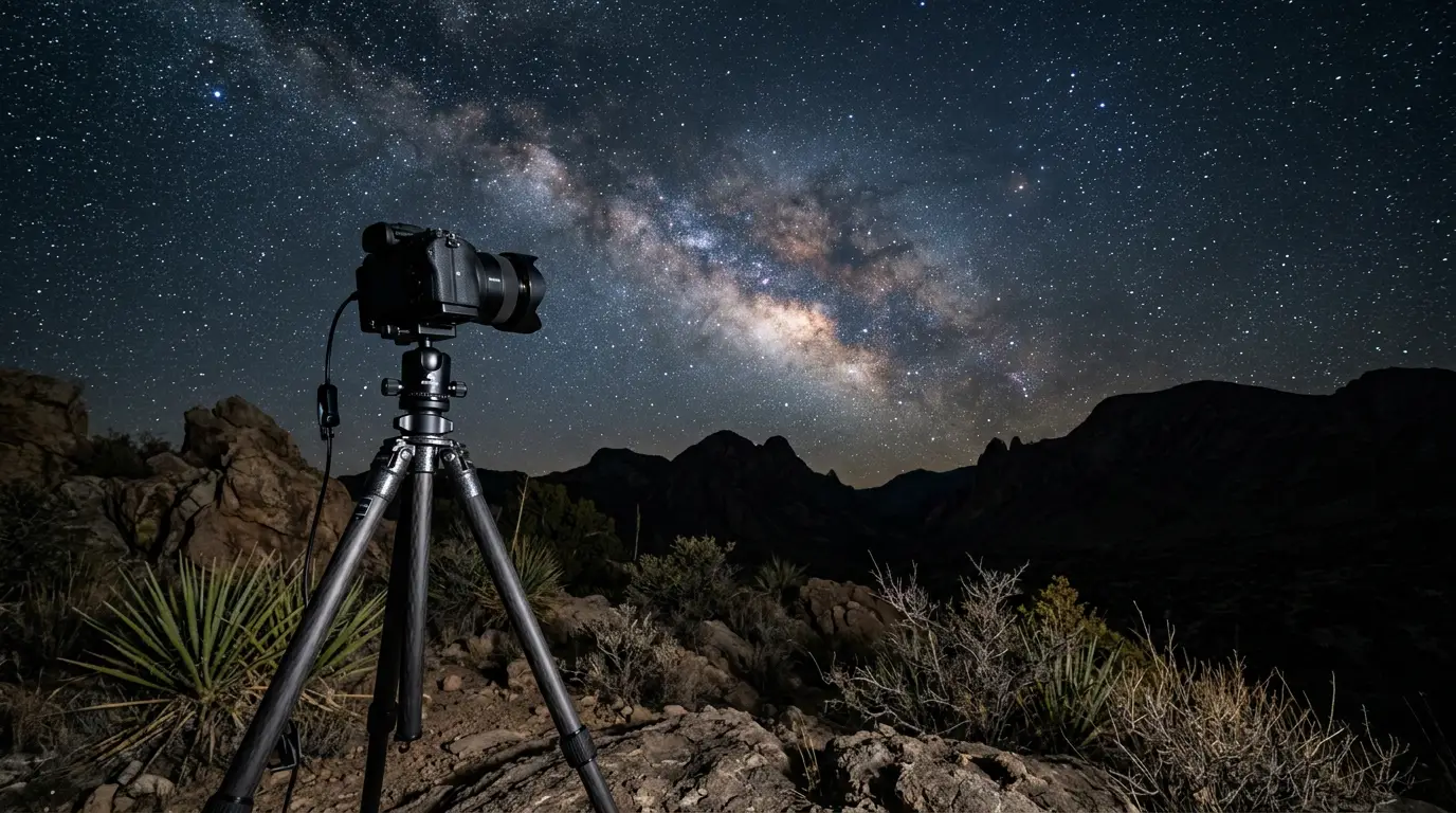 Big Bend astrophotography gear: full-frame camera and wide-angle lens on a tripod aimed at the Milky Way over the Chihuahuan Desert