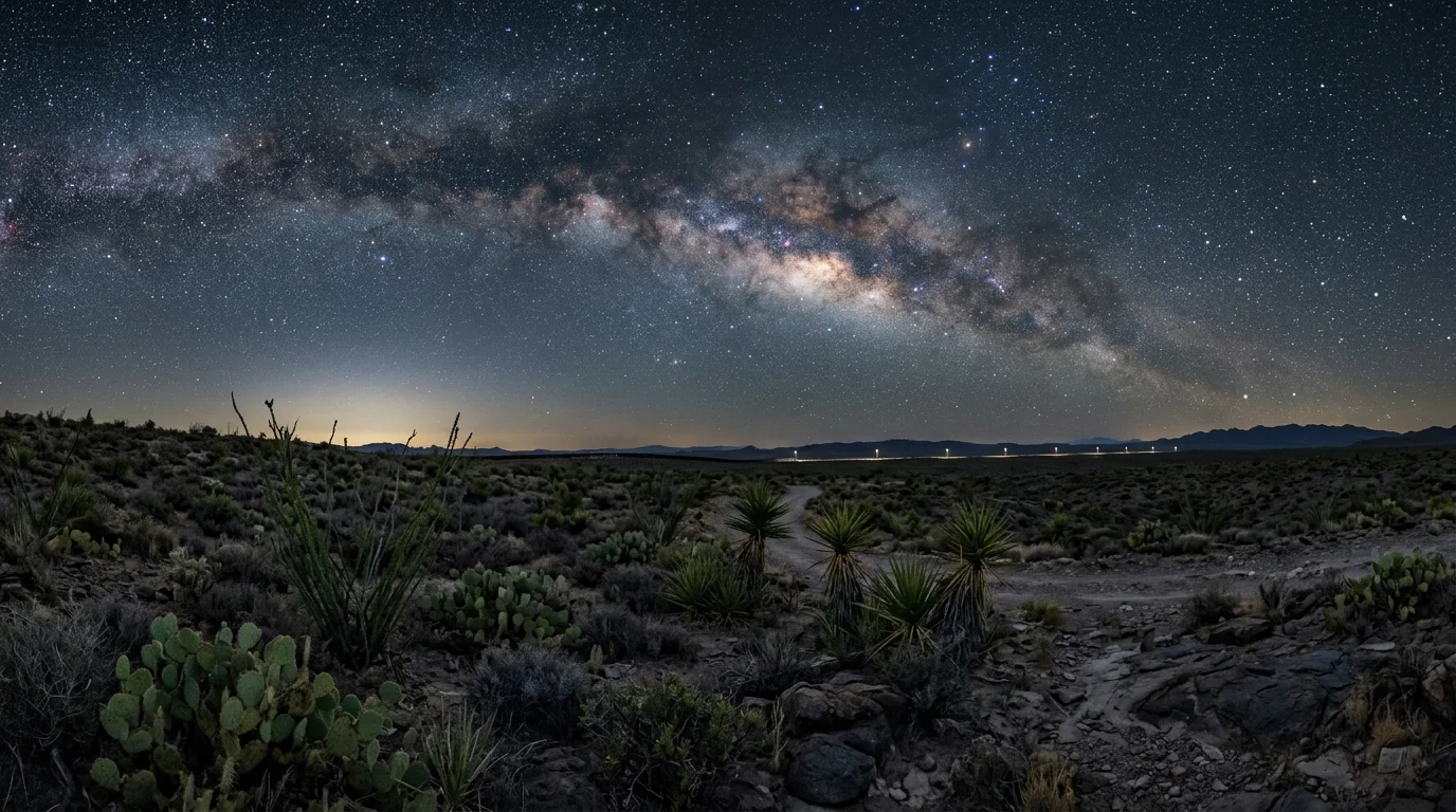 Border wall infrastructure silhouetted against the Milky Way over Big Bend's Chihuahuan Desert, illustrating the big bend national park light pollution threat from proposed CBP construction cutting through one of the world's largest dark sky reserves