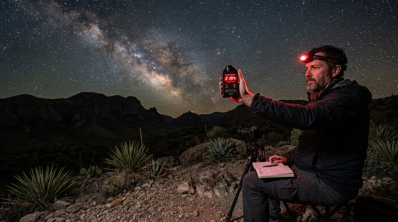 Sky Quality Meter reading under Big Bend's Bortle Class 1 sky, illustrating the science behind Big Bend's dark sky certification over the Chihuahuan Desert