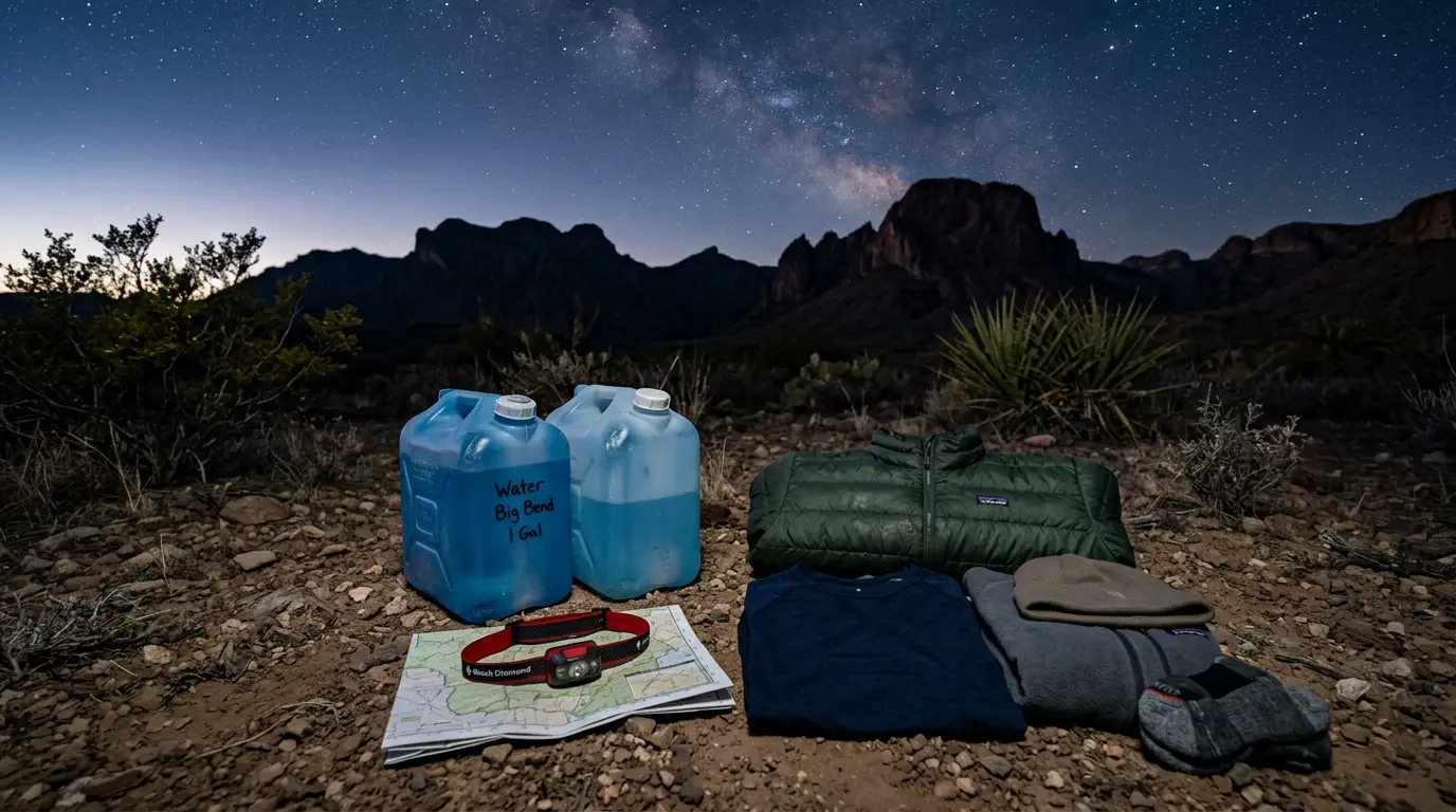 Big Bend desert stargazing packing list: water jugs, headlamp, and layered clothing laid out at dusk with the Chisos Mountains silhouetted against a star-filled Chihuahuan Desert sky