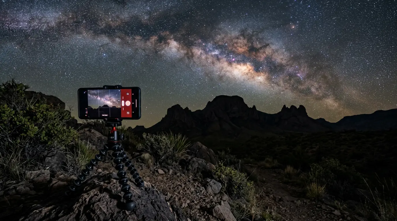 Smartphone night sky photography at Big Bend National Park: a phone mounted on a mini tripod capturing the Milky Way in night mode over the dark Chihuahuan Desert
