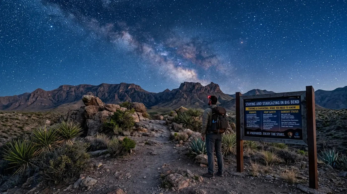 Star-filled night sky over Big Bend National Park's desert terrain at blue hour, illustrating the Big Bend stargazing FAQ on permits, heat, and dark-sky status