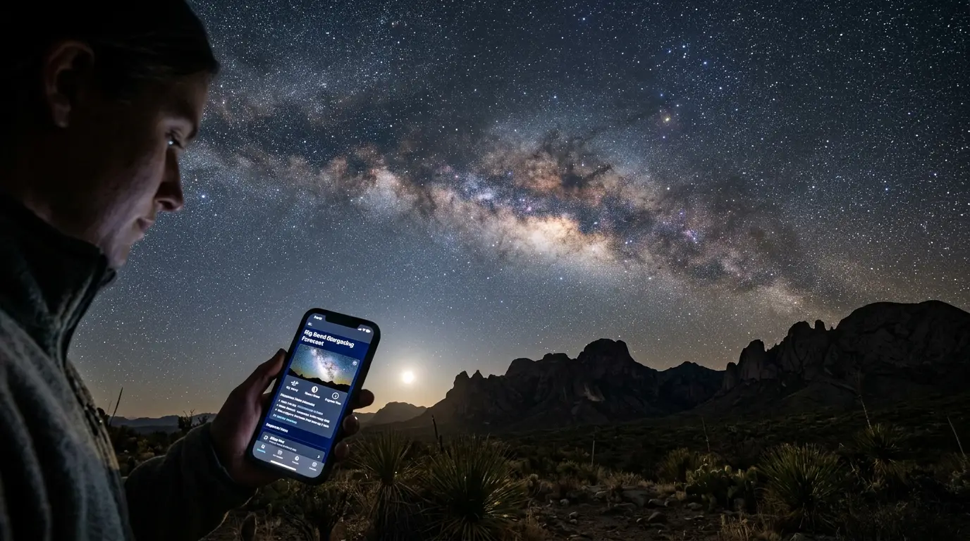 Checking the Big Bend stargazing forecast on a phone app under a star-filled desert night sky, the Milky Way arching over the silhouette of the Chisos Mountains