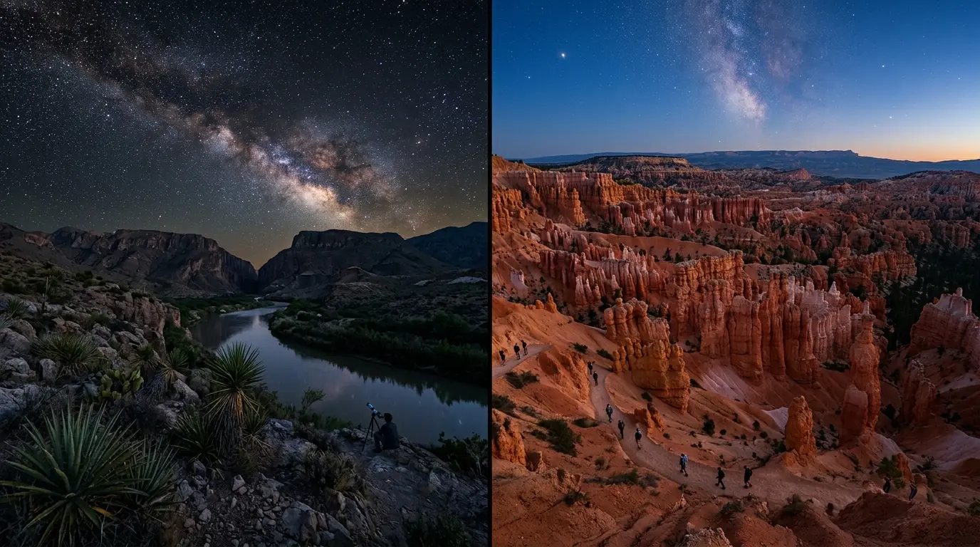 Split night-sky view of Big Bend National Park's Chihuahuan Desert stars over the Rio Grande beside Bryce Canyon's hoodoo amphitheater at dusk, illustrating Big Bend vs Bryce Canyon stargazing