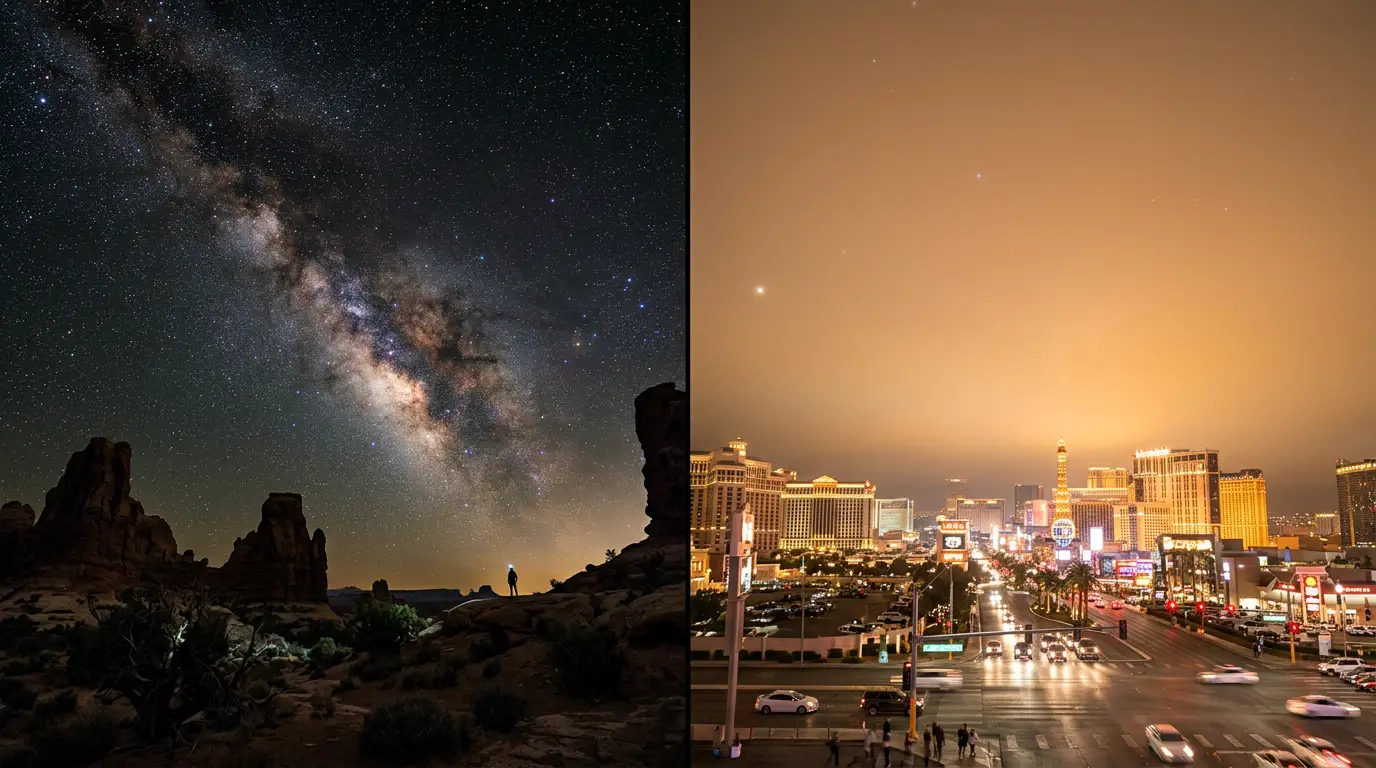 Split night-sky comparison illustrating the Bortle scale, from a pristine Class 1 desert sky ablaze with Milky Way and zodiacal light to a washed-out orange Class 9 city sky